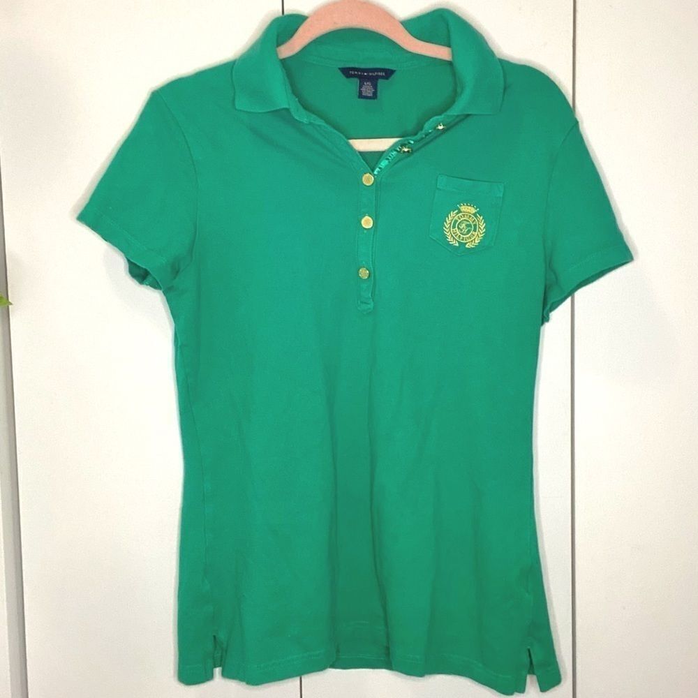 🌷 Tommy Hilfiger🌷 Vintage Bright Green Polo Shirt With Gold Embroidered Logo - Picture 5 of 5